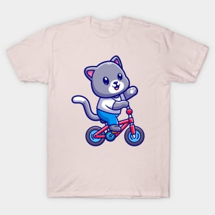 Cute Cat Riding Bicycle With Waving Hand Cartoon T-Shirt